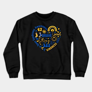 World Down Syndrome Day Awarenes 3.21 Blue And Yellow Heart Crewneck Sweatshirt